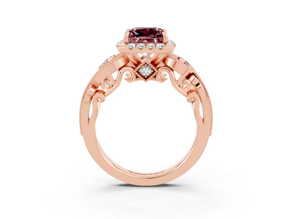 Rose gold Princess Cut Morganite Halo Ring with Milgrain Pavé Band and Four-Prong Setting