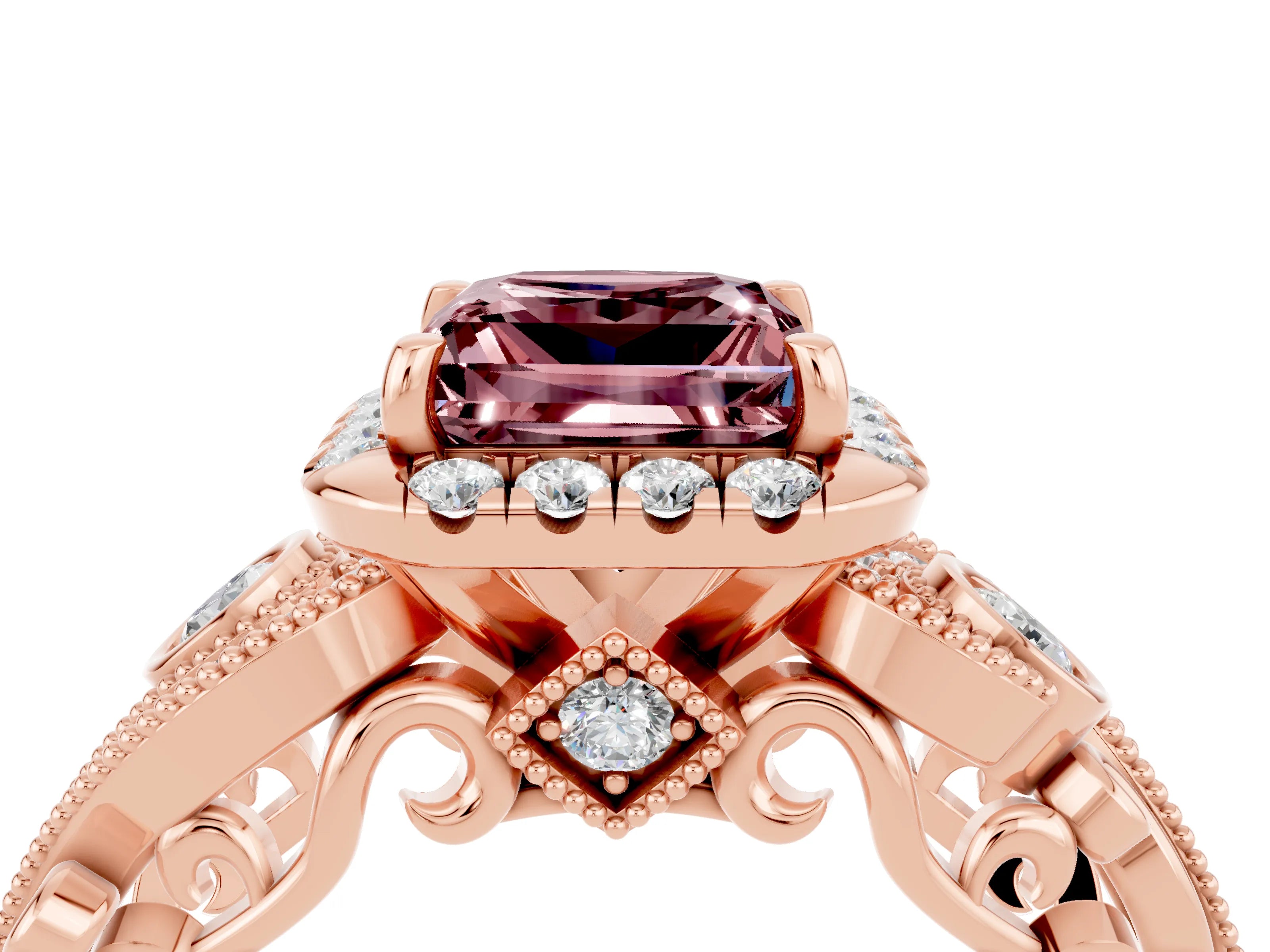 Rose gold Princess Cut Morganite Halo Ring with Milgrain Pavé Band and Four-Prong Setting_16