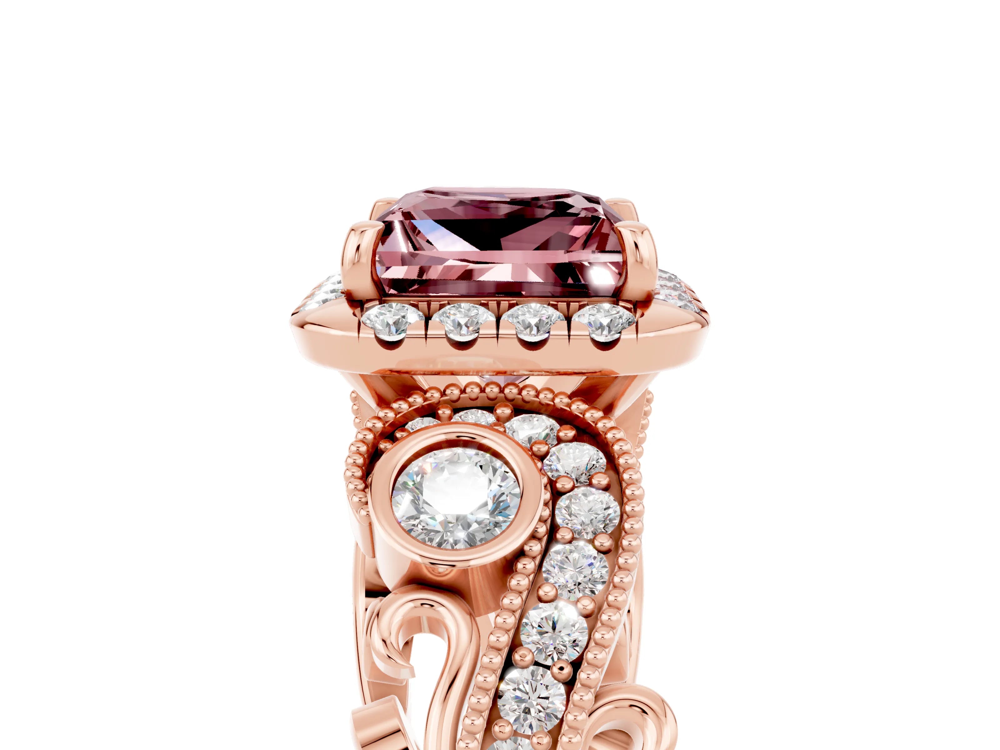 Rose gold Princess Cut Morganite Halo Ring with Milgrain Pavé Band and Four-Prong Setting_17