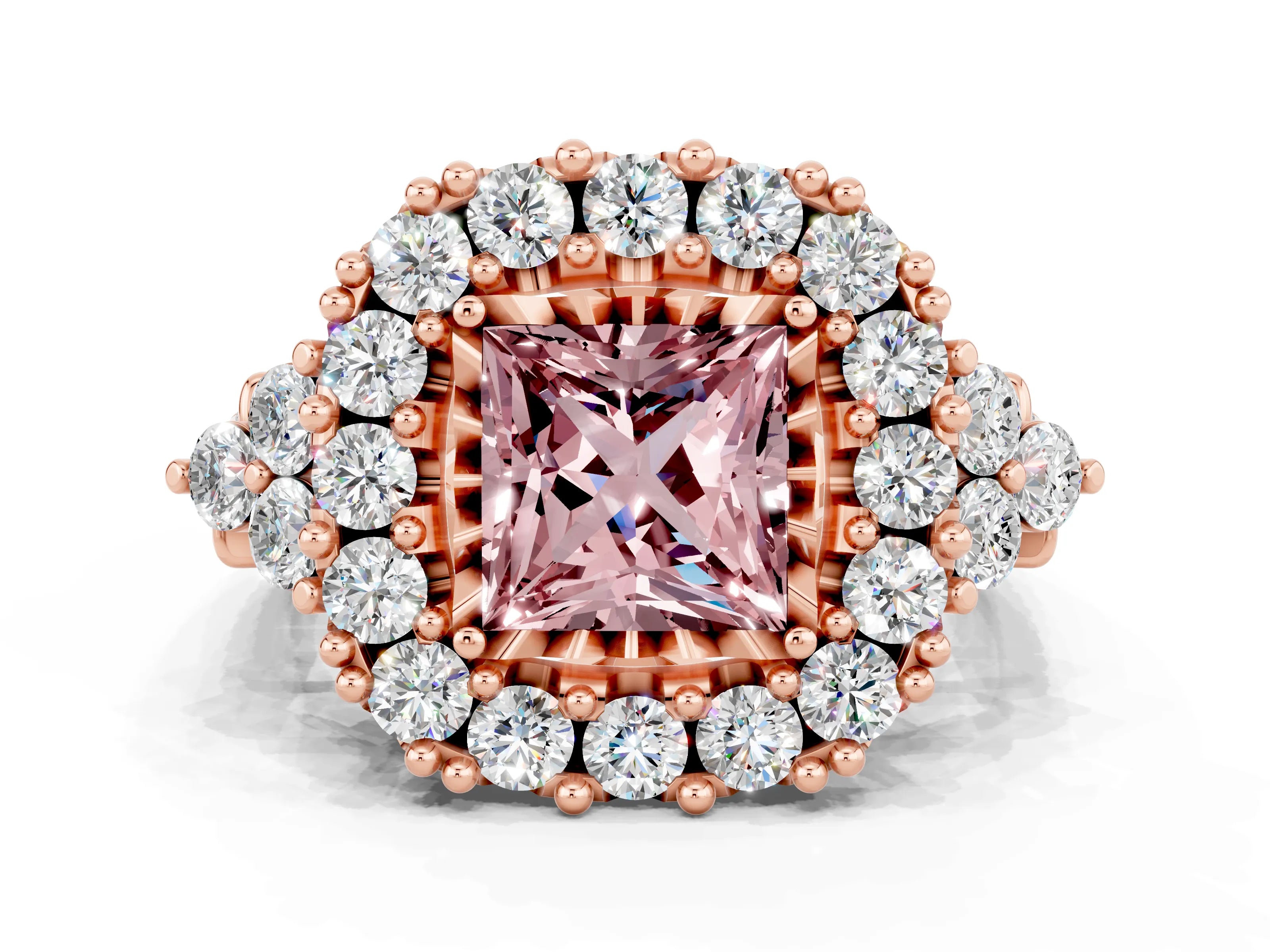 Rose gold Princess Cut Morganite Halo Ring with Pavé Band and Four-Prong Setting_12