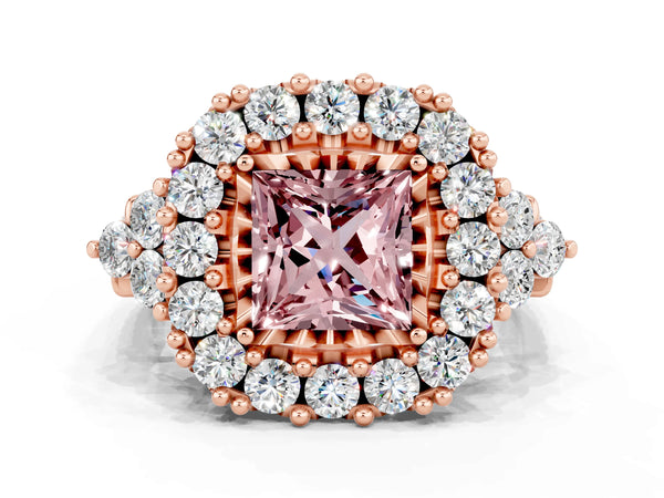 Rose gold Princess Cut Morganite Halo Ring with Pavé Band and Four-Prong Setting