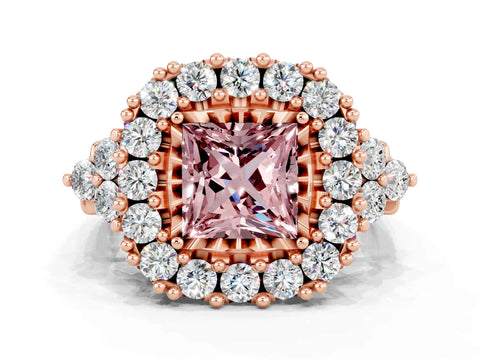 Rose gold Princess Cut Morganite Halo Ring with Pavé Band and Four-Prong Setting_12
