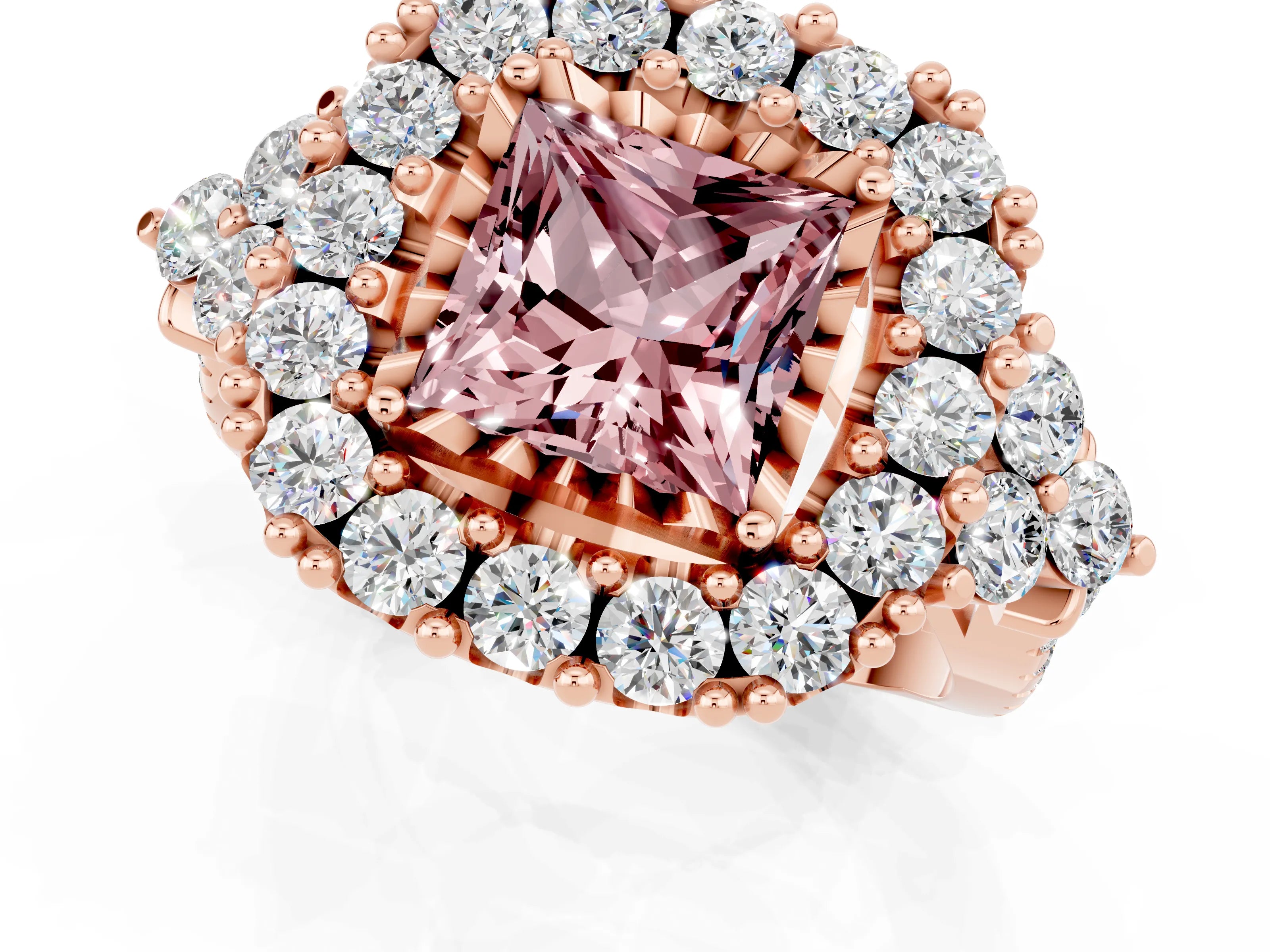 Rose gold Princess Cut Morganite Halo Ring with Pavé Band and Four-Prong Setting_13