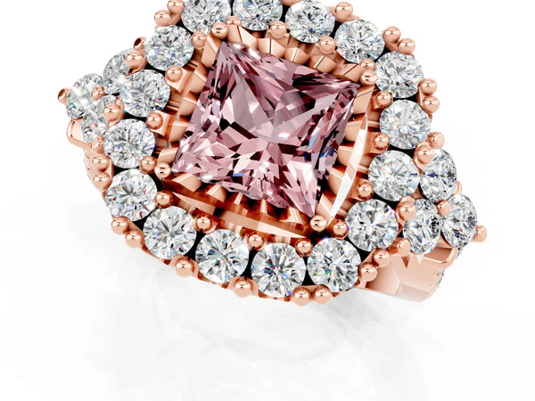 Rose gold Princess Cut Morganite Halo Ring with Pavé Band and Four-Prong Setting
