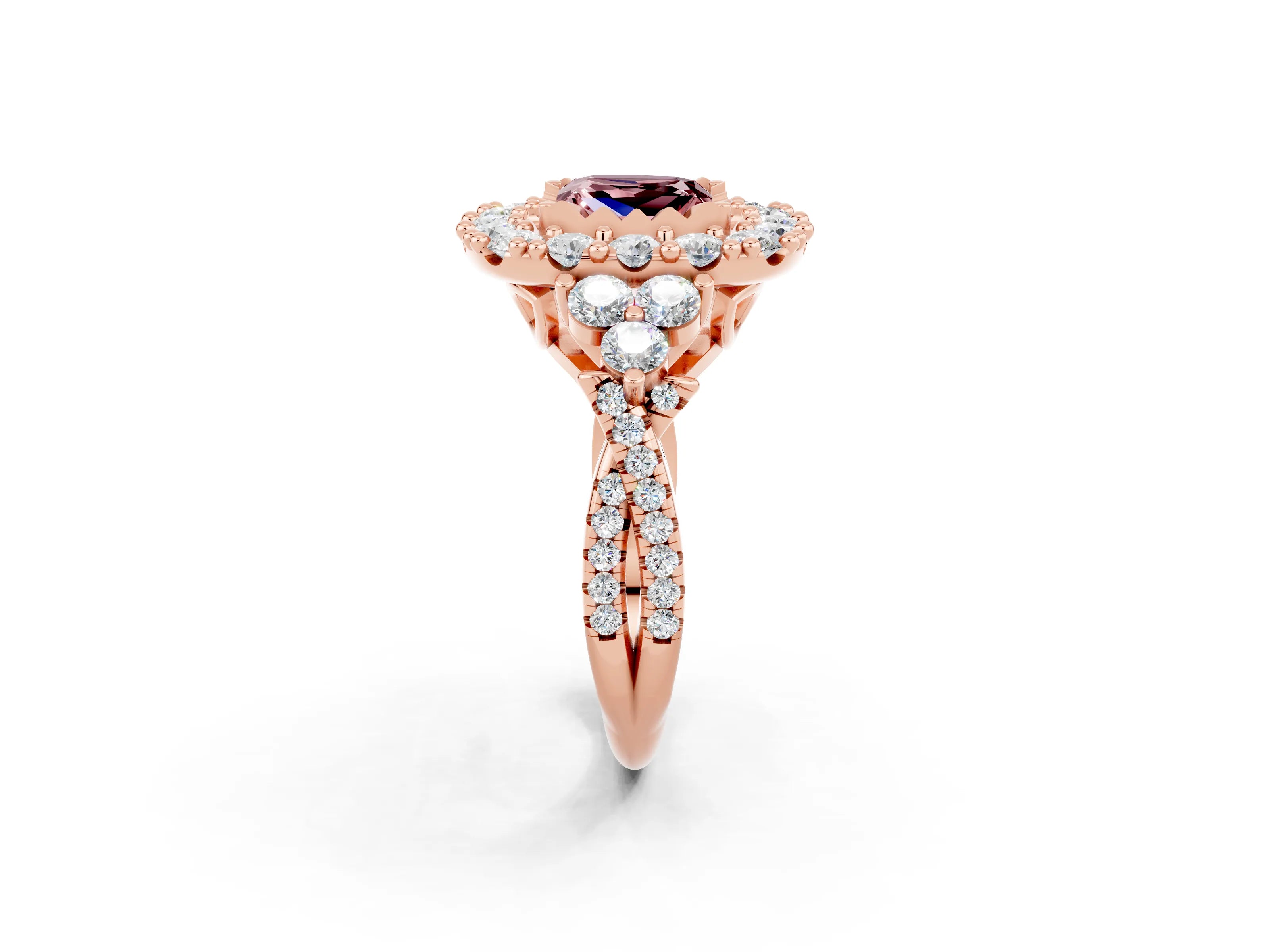 Rose gold Princess Cut Morganite Halo Ring with Pavé Band and Four-Prong Setting_14