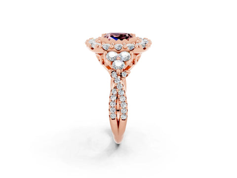 Rose gold Princess Cut Morganite Halo Ring with Pavé Band and Four-Prong Setting_14