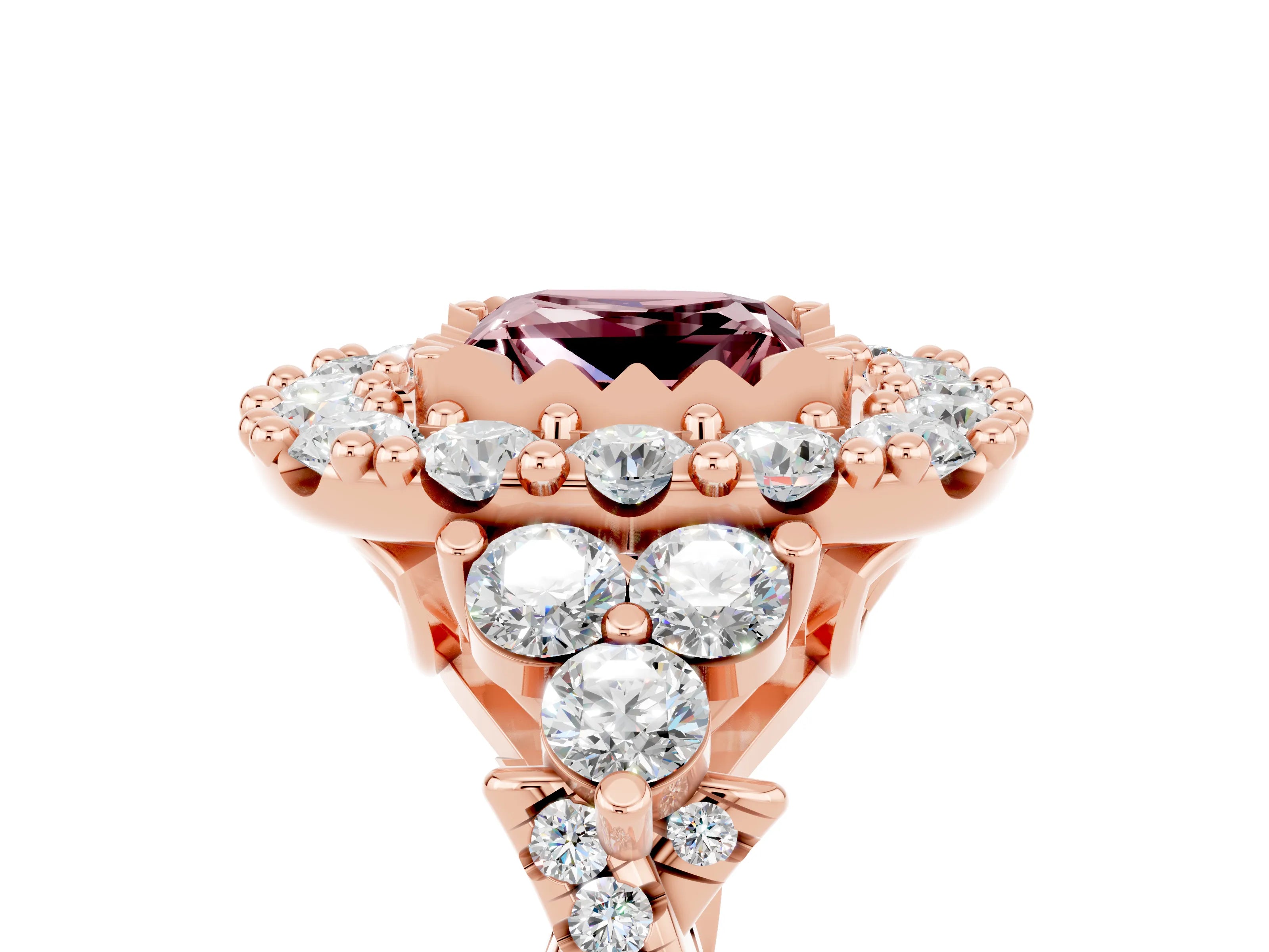 Rose gold Princess Cut Morganite Halo Ring with Pavé Band and Four-Prong Setting_17
