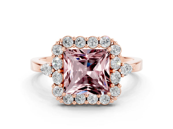 Rose gold Princess Cut Morganite Halo Ring with Pear Side Stones and Prong Setting