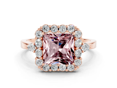 Rose gold Princess Cut Morganite Halo Ring with Pear Side Stones and Prong Setting_12