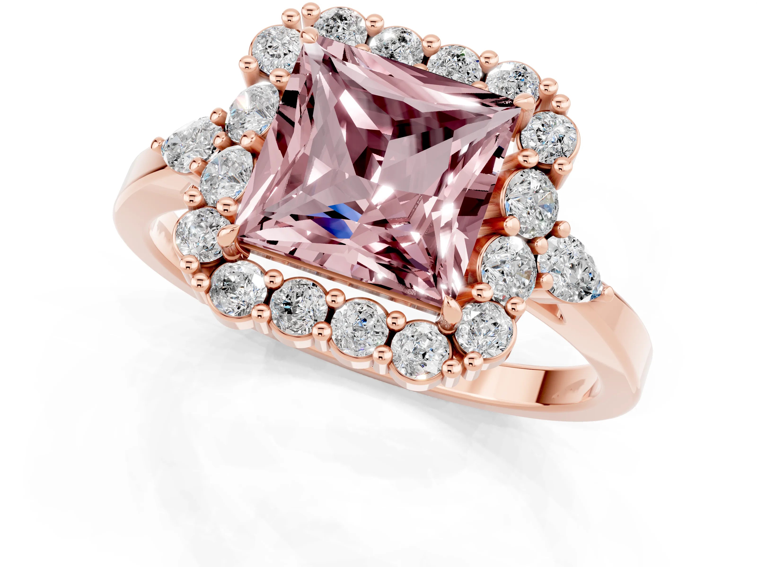 Rose gold Princess Cut Morganite Halo Ring with Pear Side Stones and Prong Setting_13