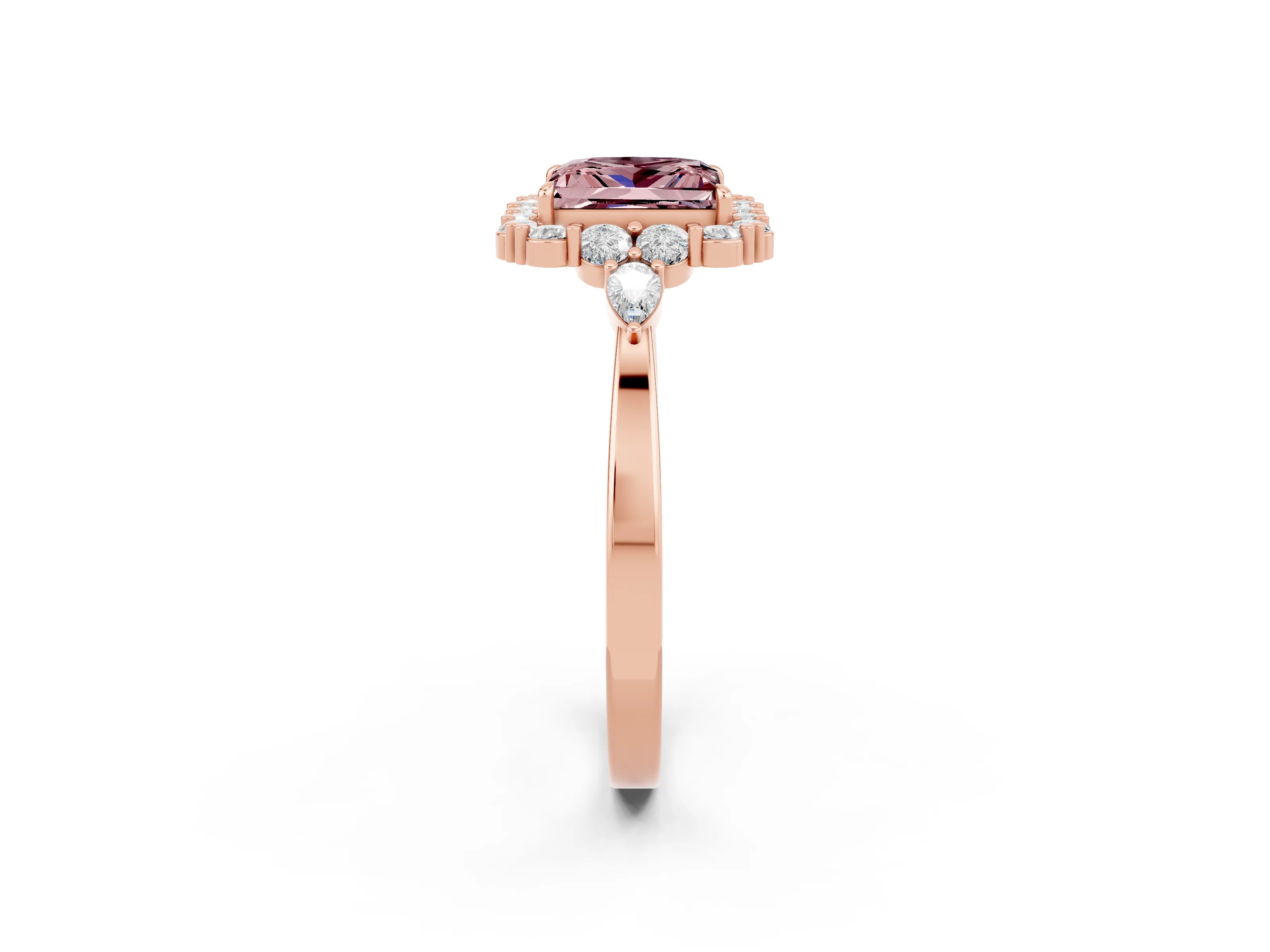 Rose gold Princess Cut Morganite Halo Ring with Pear Side Stones and Prong Setting_14