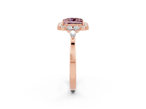 Rose gold Princess Cut Morganite Halo Ring with Pear Side Stones and Prong Setting_14