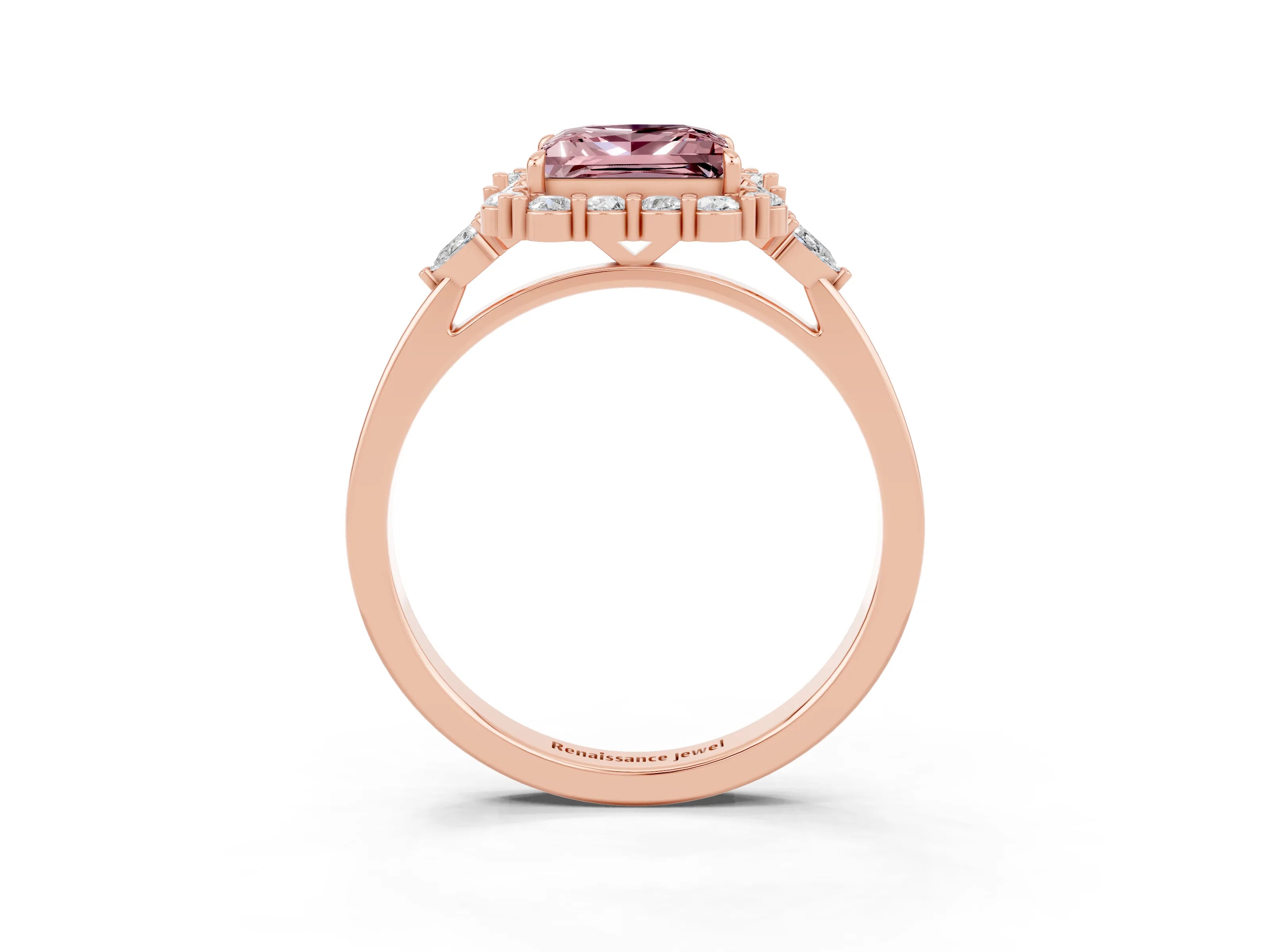 Rose gold Princess Cut Morganite Halo Ring with Pear Side Stones and Prong Setting_15
