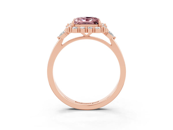 Rose gold Princess Cut Morganite Halo Ring with Pear Side Stones and Prong Setting