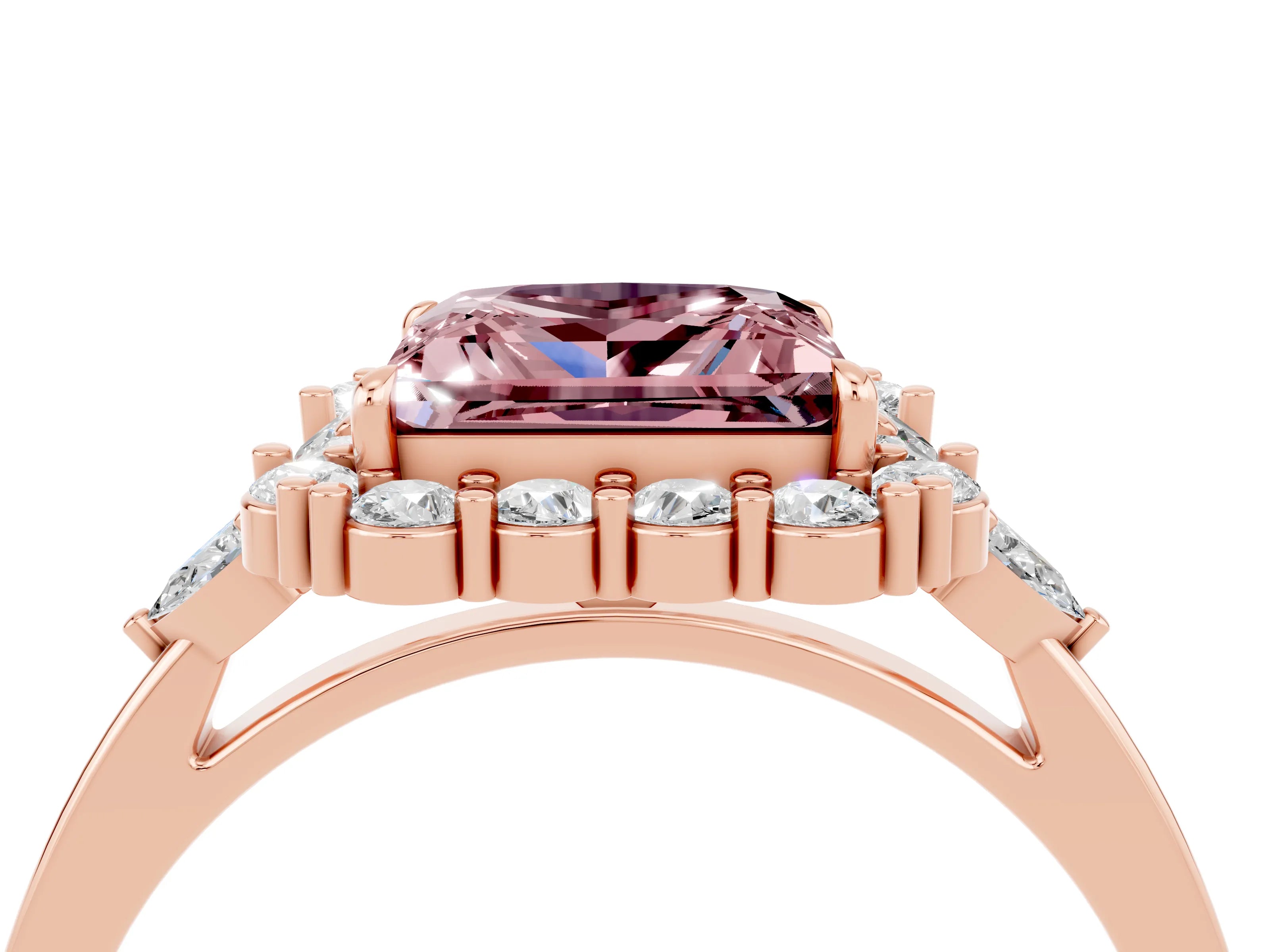 Rose gold Princess Cut Morganite Halo Ring with Pear Side Stones and Prong Setting_16