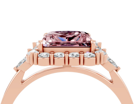 Rose gold Princess Cut Morganite Halo Ring with Pear Side Stones and Prong Setting_16