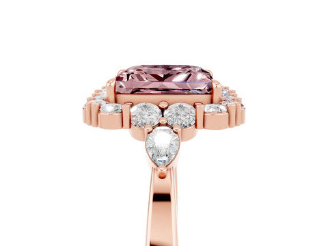 Rose gold Princess Cut Morganite Halo Ring with Pear Side Stones and Prong Setting_17