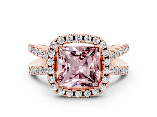 Rose gold Princess Cut Morganite Halo Ring with Split Shank Pavé Band and Prong Setting