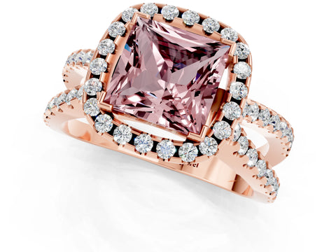 Rose gold Princess Cut Morganite Halo Ring with Split Shank Pavé Band and Prong Setting_1