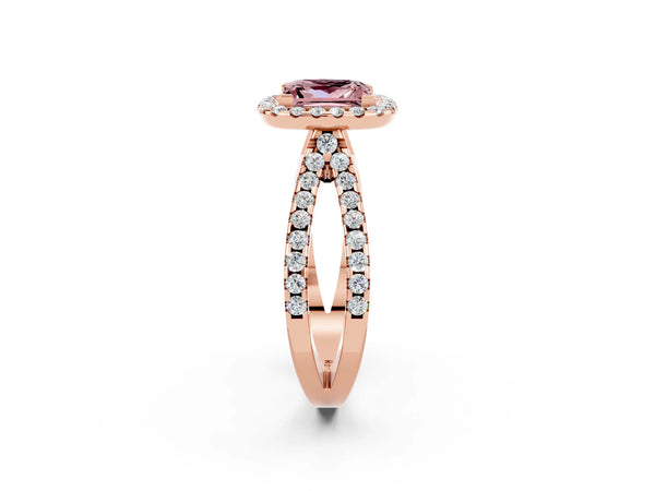 Rose gold Princess Cut Morganite Halo Ring with Split Shank Pavé Band and Prong Setting