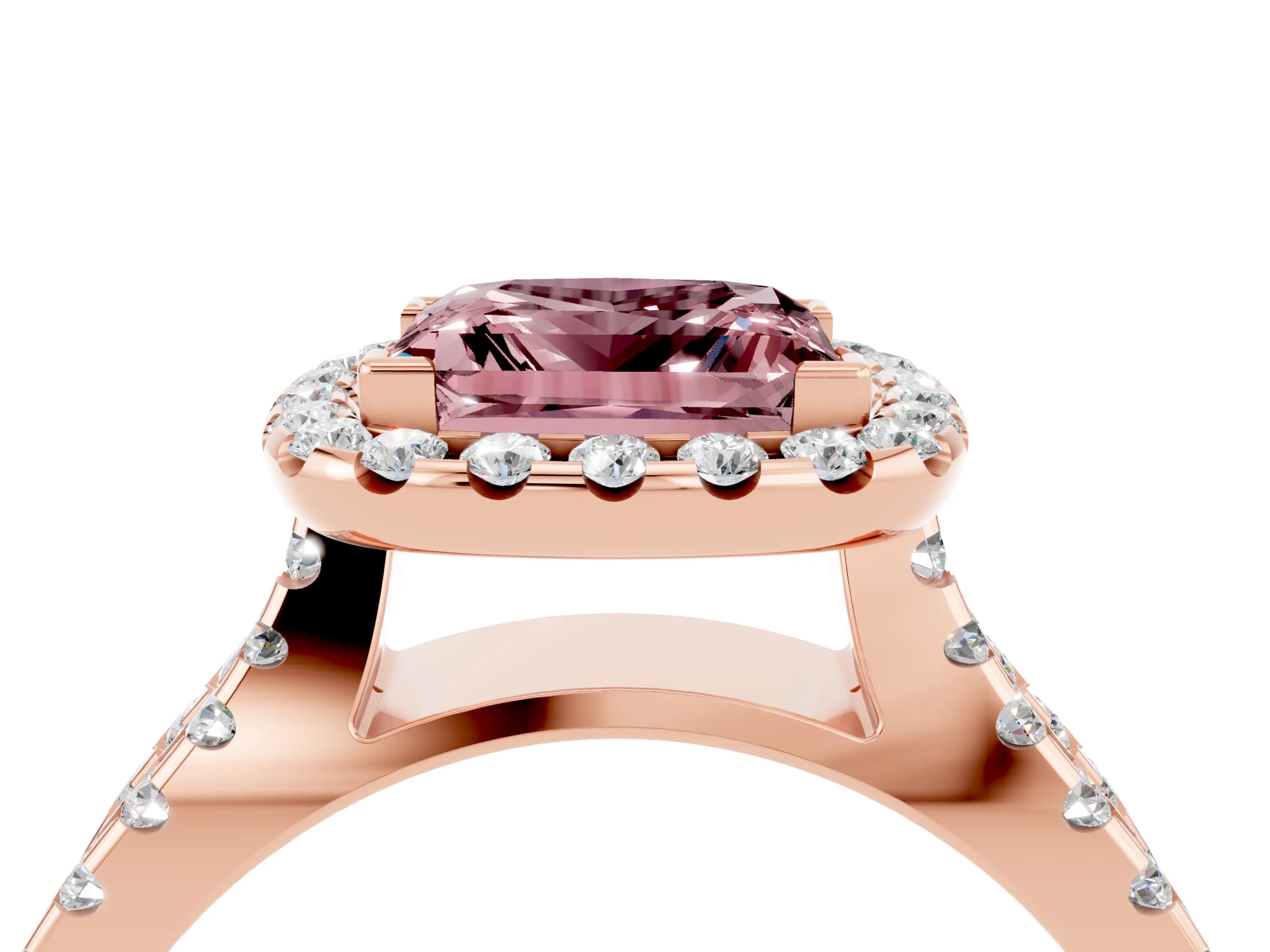 Rose gold Princess Cut Morganite Halo Ring with Split Shank Pavé Band and Prong Setting_4