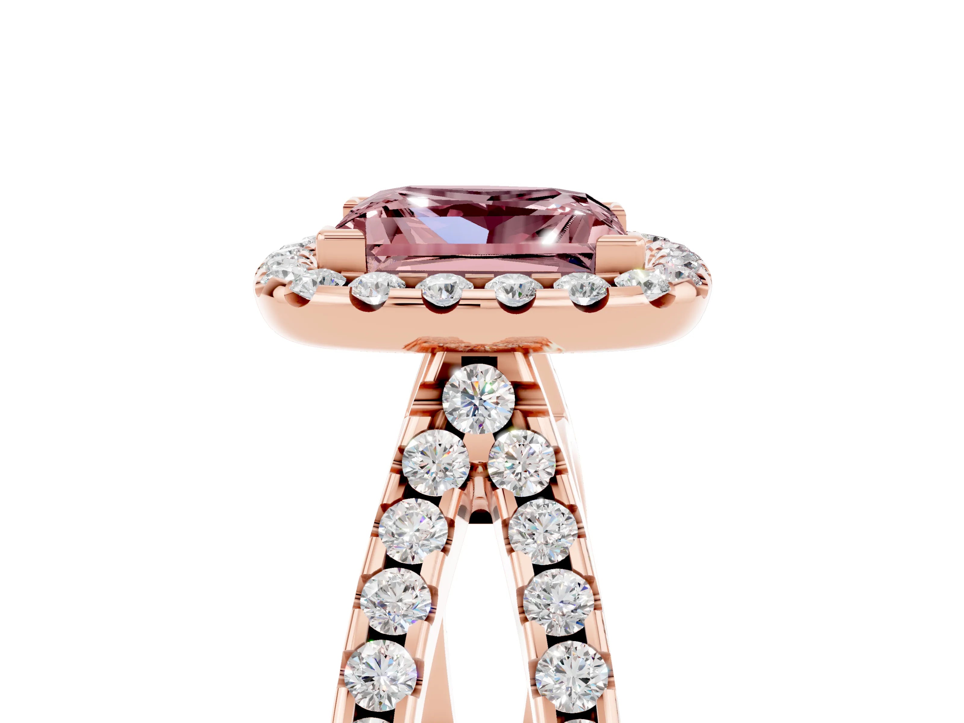 Rose gold Princess Cut Morganite Halo Ring with Split Shank Pavé Band and Prong Setting_5