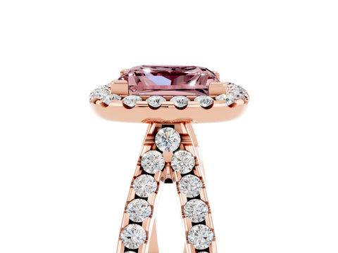 Rose gold Princess Cut Morganite Halo Ring with Split Shank Pavé Band and Prong Setting_5