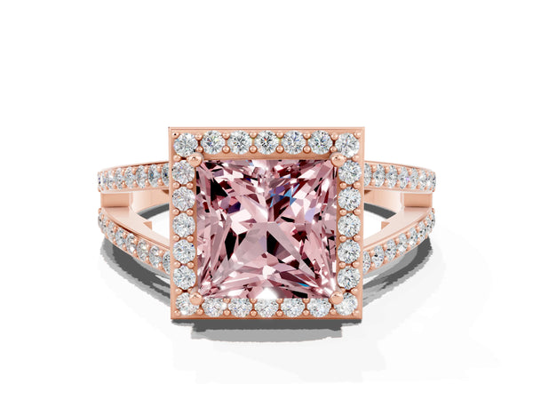 Rose gold Princess Cut Morganite Halo Ring with Split Shank U-Prong Band and Four-Prong Setting