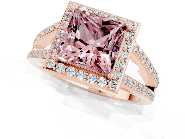 Rose gold Princess Cut Morganite Halo Ring with Split Shank U-Prong Band and Four-Prong Setting