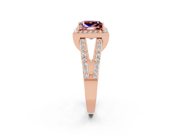 Rose gold Princess Cut Morganite Halo Ring with Split Shank U-Prong Band and Four-Prong Setting