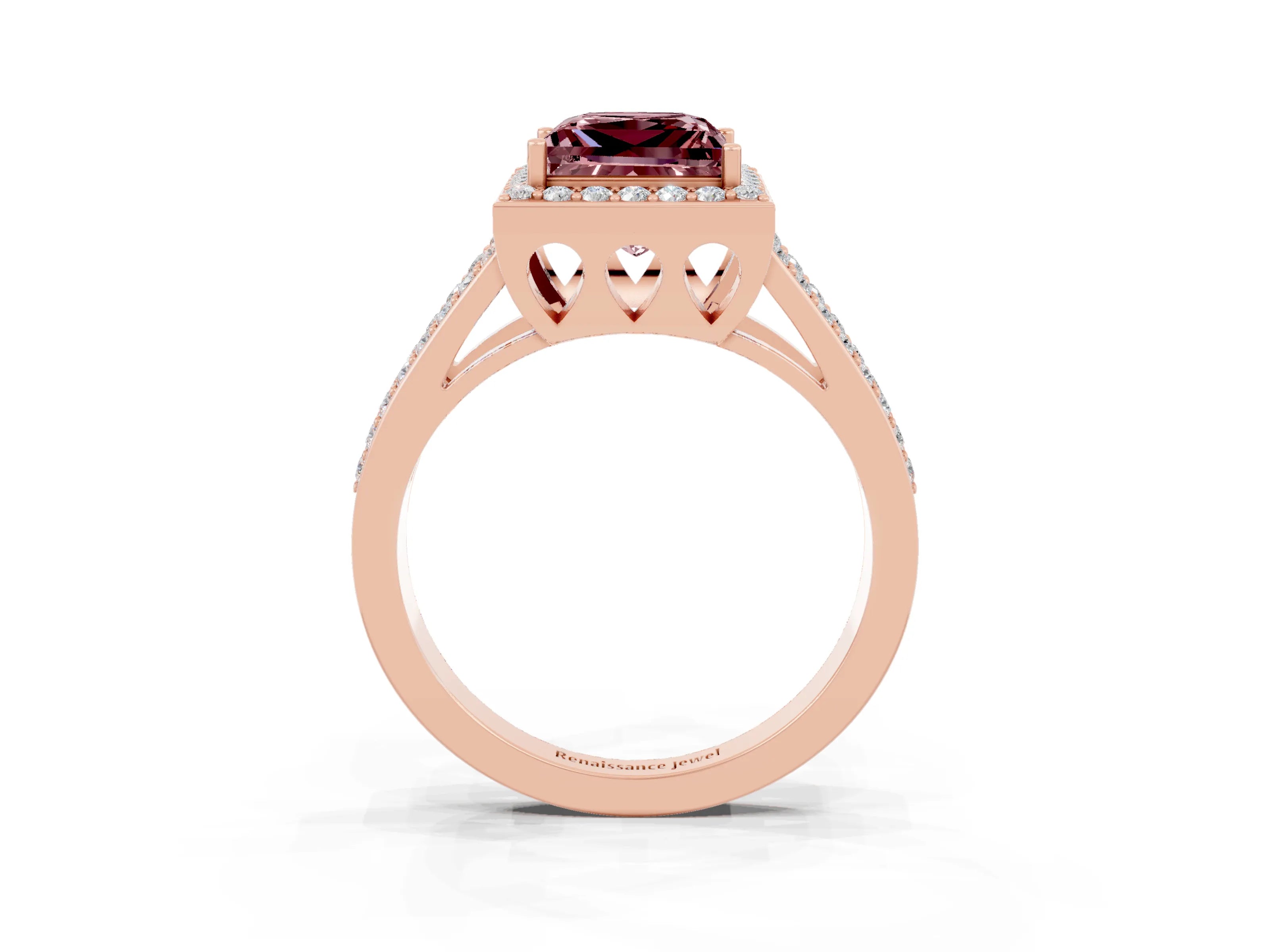 Rose gold Princess Cut Morganite Halo Ring with Split Shank U-Prong Band and Four-Prong Setting_3