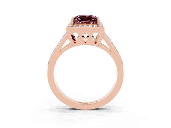 Rose gold Princess Cut Morganite Halo Ring with Split Shank U-Prong Band and Four-Prong Setting