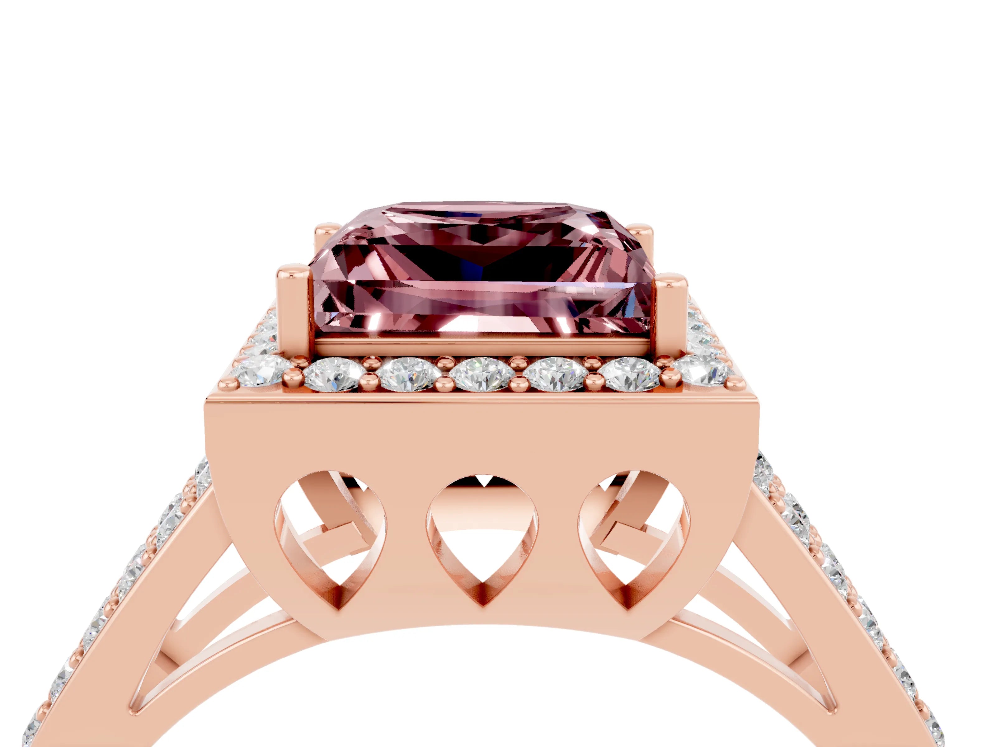 Rose gold Princess Cut Morganite Halo Ring with Split Shank U-Prong Band and Four-Prong Setting_4