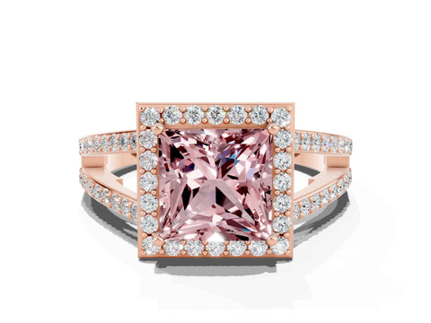 Rose gold Princess Cut Morganite Halo Ring with Split Shank U-Prong Band and Four-Prong Setting