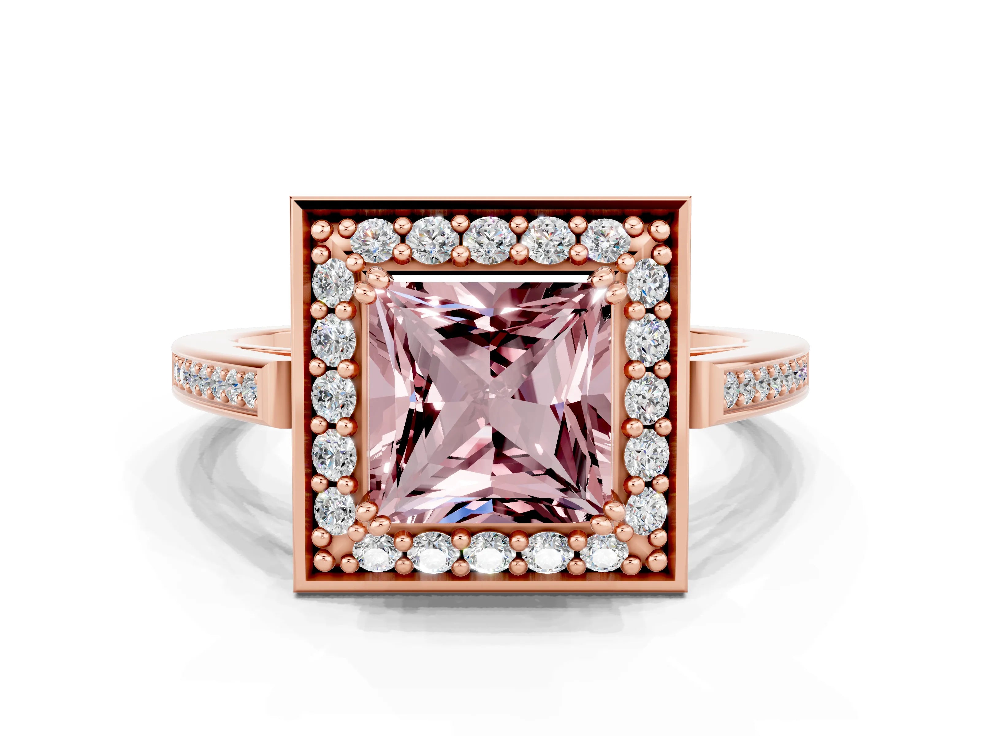 Rose gold Princess Cut Morganite Halo Ring with Split Shank and Four-Prong Setting
