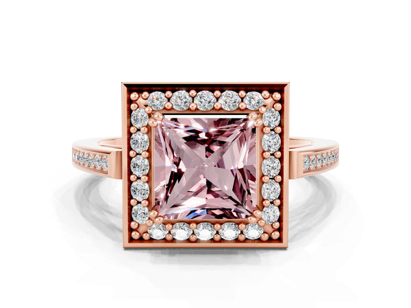 Rose gold Princess Cut Morganite Halo Ring with Split Shank and Four-Prong Setting