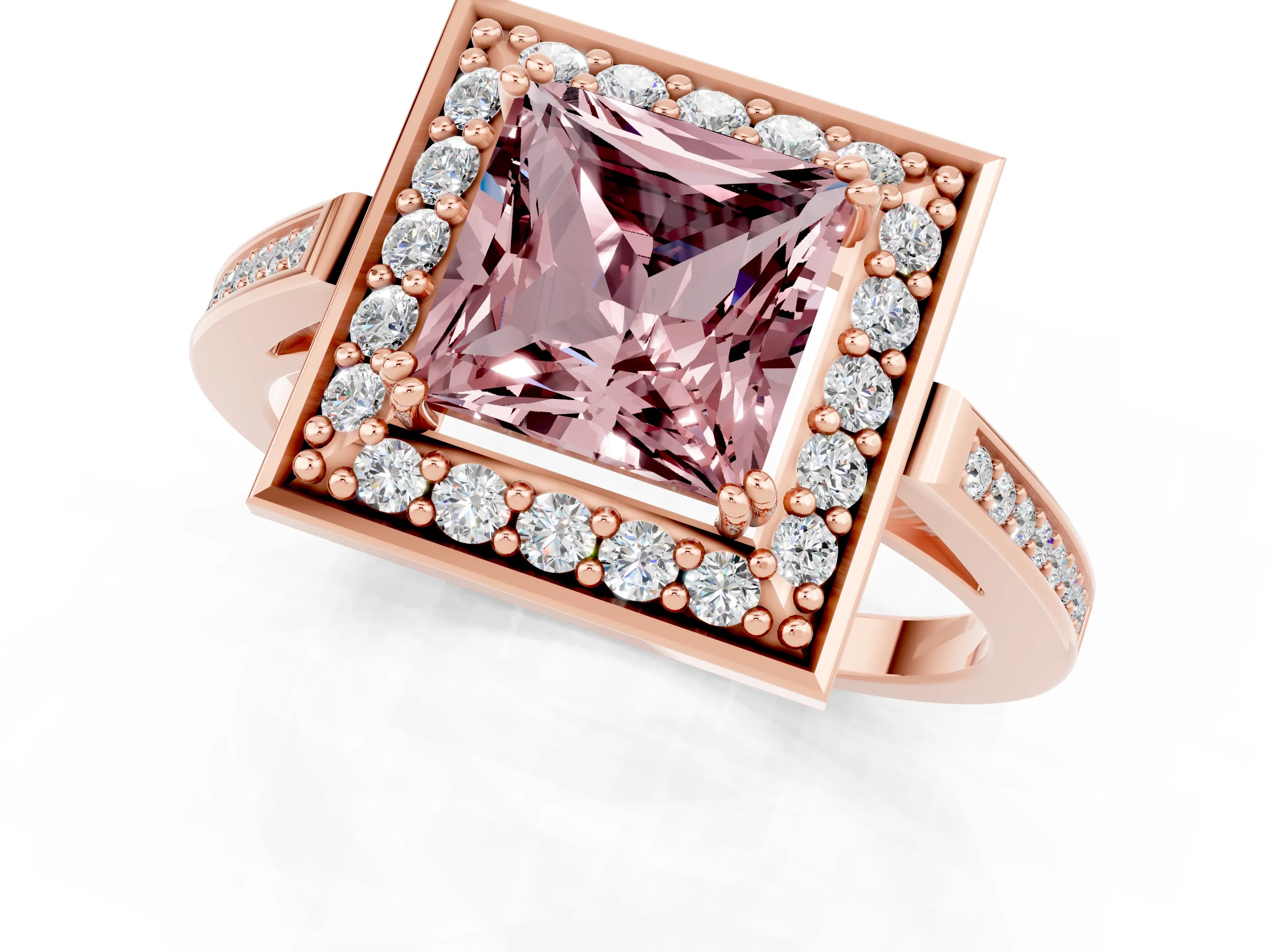 Rose gold Princess Cut Morganite Halo Ring with Split Shank and Four-Prong Setting_1