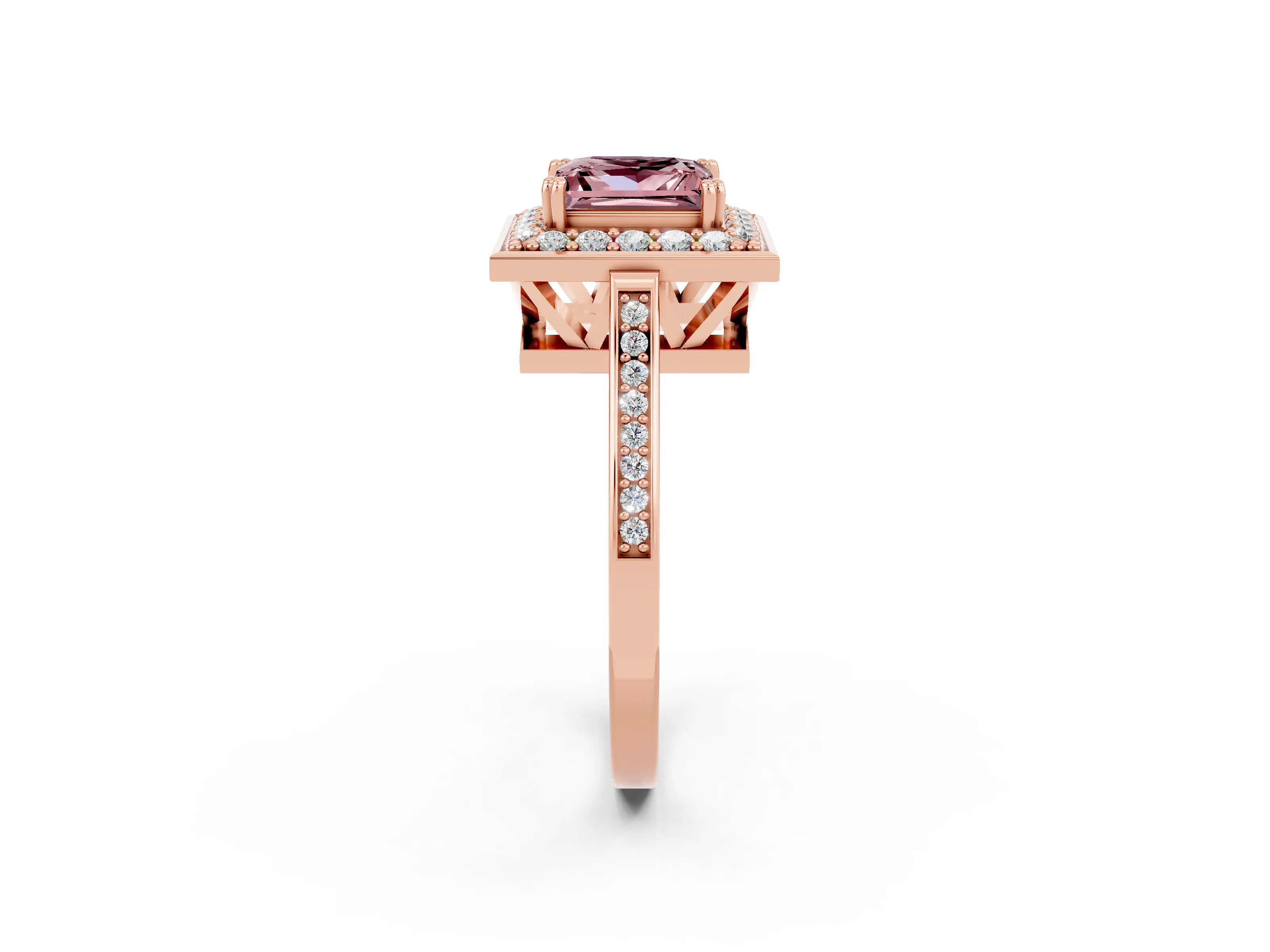 Rose gold Princess Cut Morganite Halo Ring with Split Shank and Four-Prong Setting_2