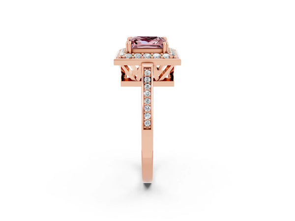 Rose gold Princess Cut Morganite Halo Ring with Split Shank and Four-Prong Setting
