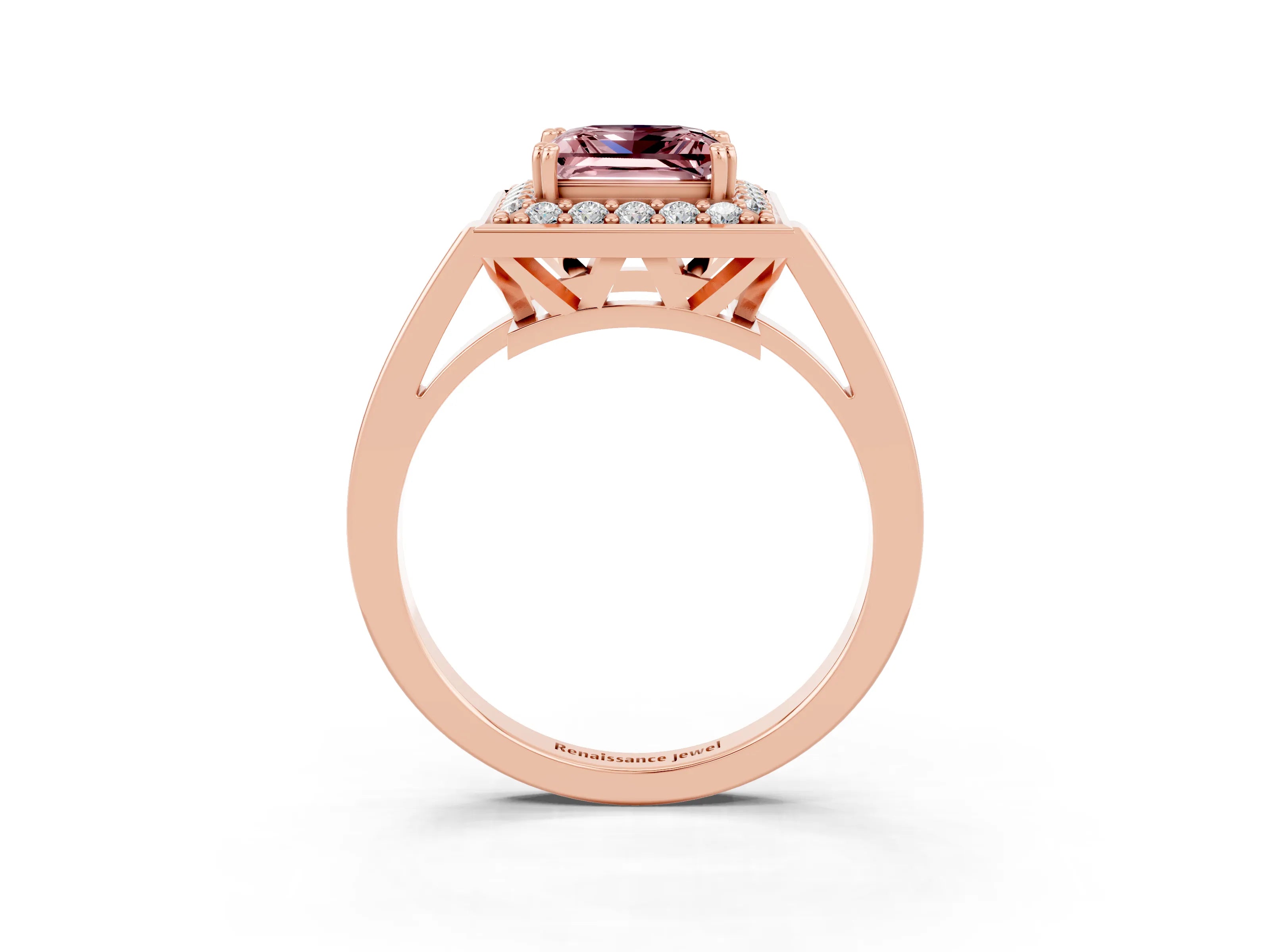 Rose gold Princess Cut Morganite Halo Ring with Split Shank and Four-Prong Setting_3