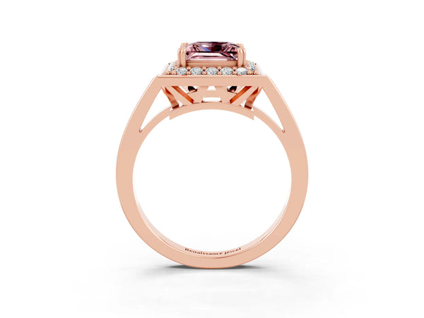 Rose gold Princess Cut Morganite Halo Ring with Split Shank and Four-Prong Setting