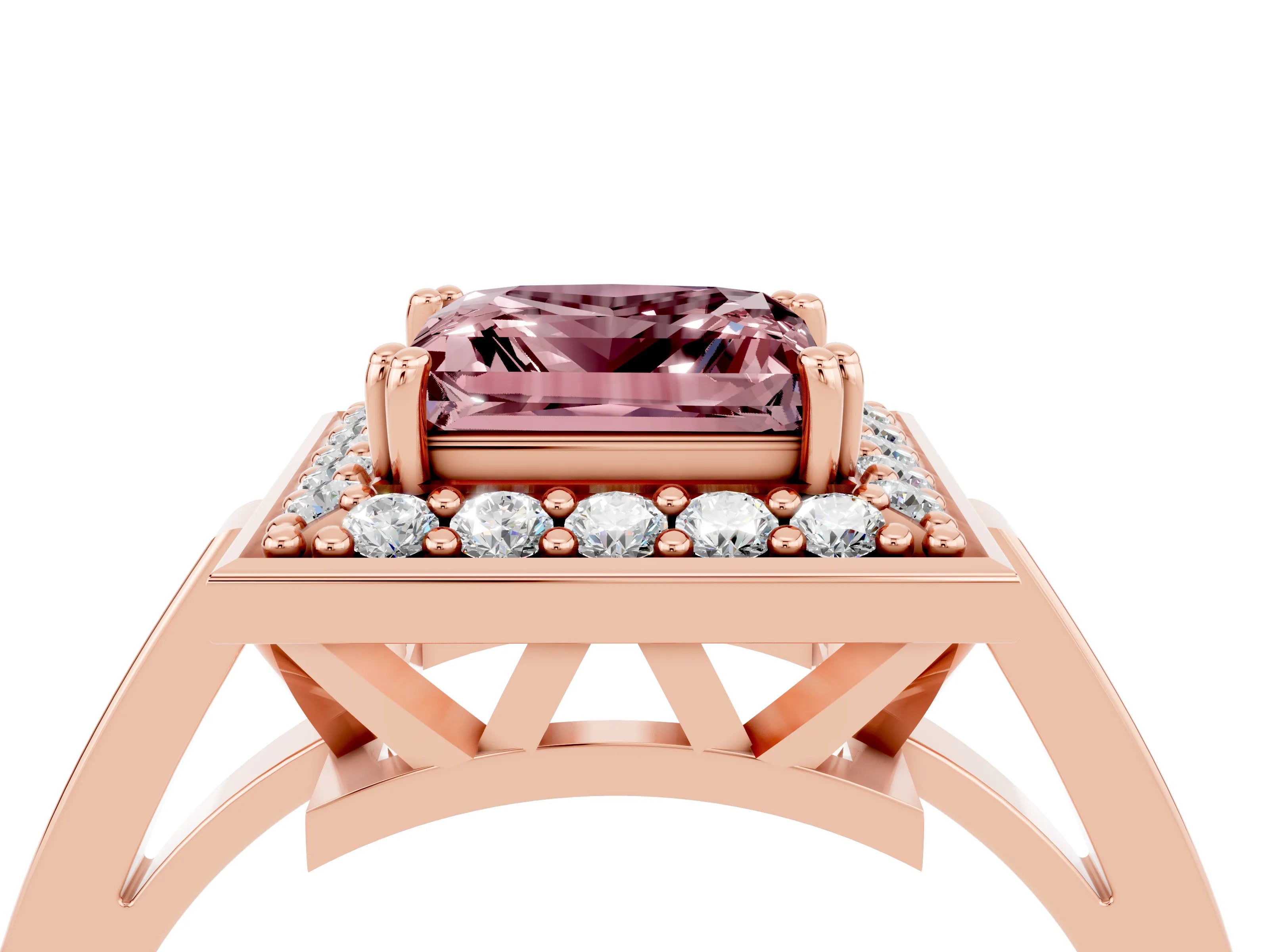 Rose gold Princess Cut Morganite Halo Ring with Split Shank and Four-Prong Setting_4