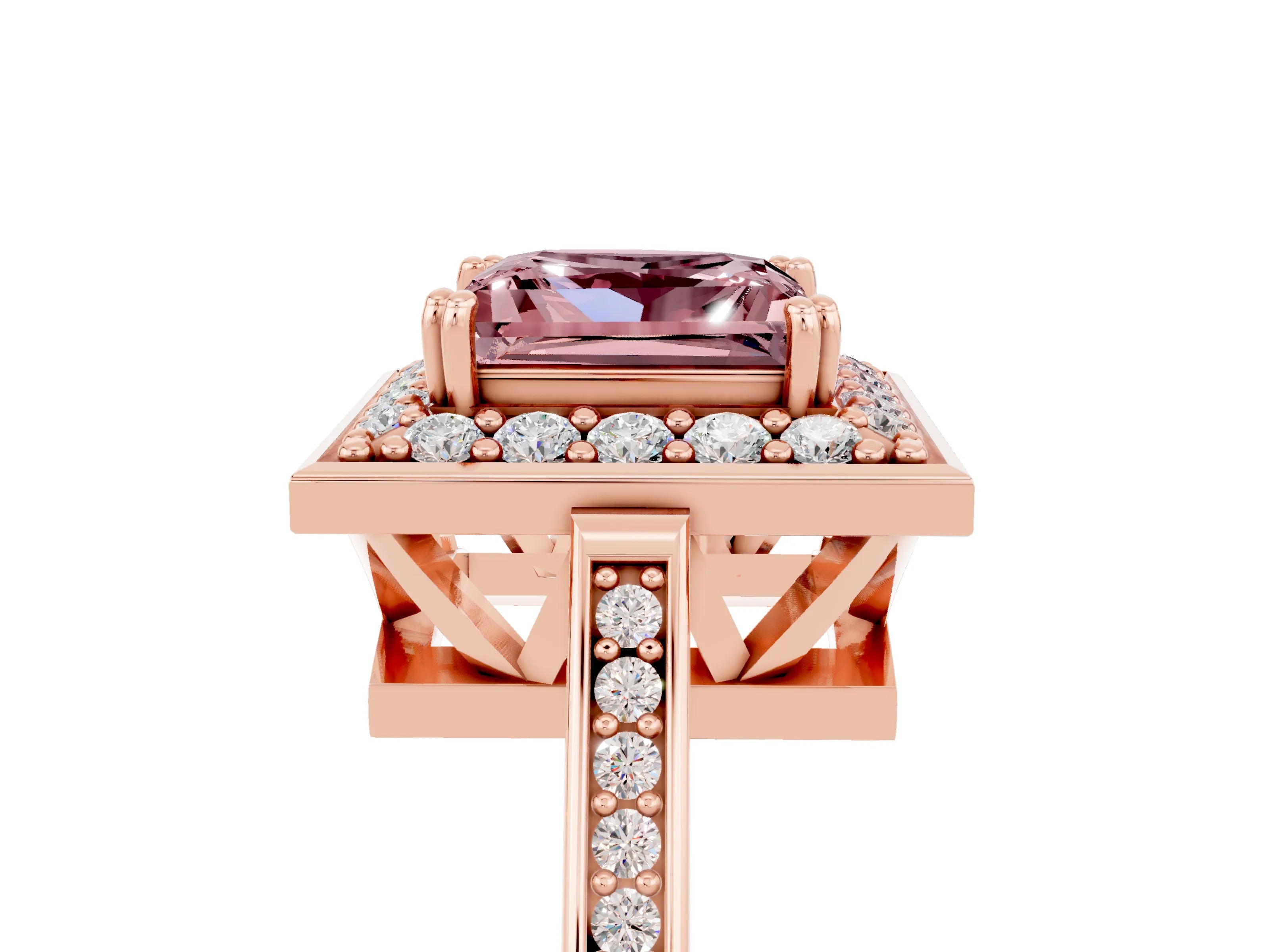 Rose gold Princess Cut Morganite Halo Ring with Split Shank and Four-Prong Setting_5