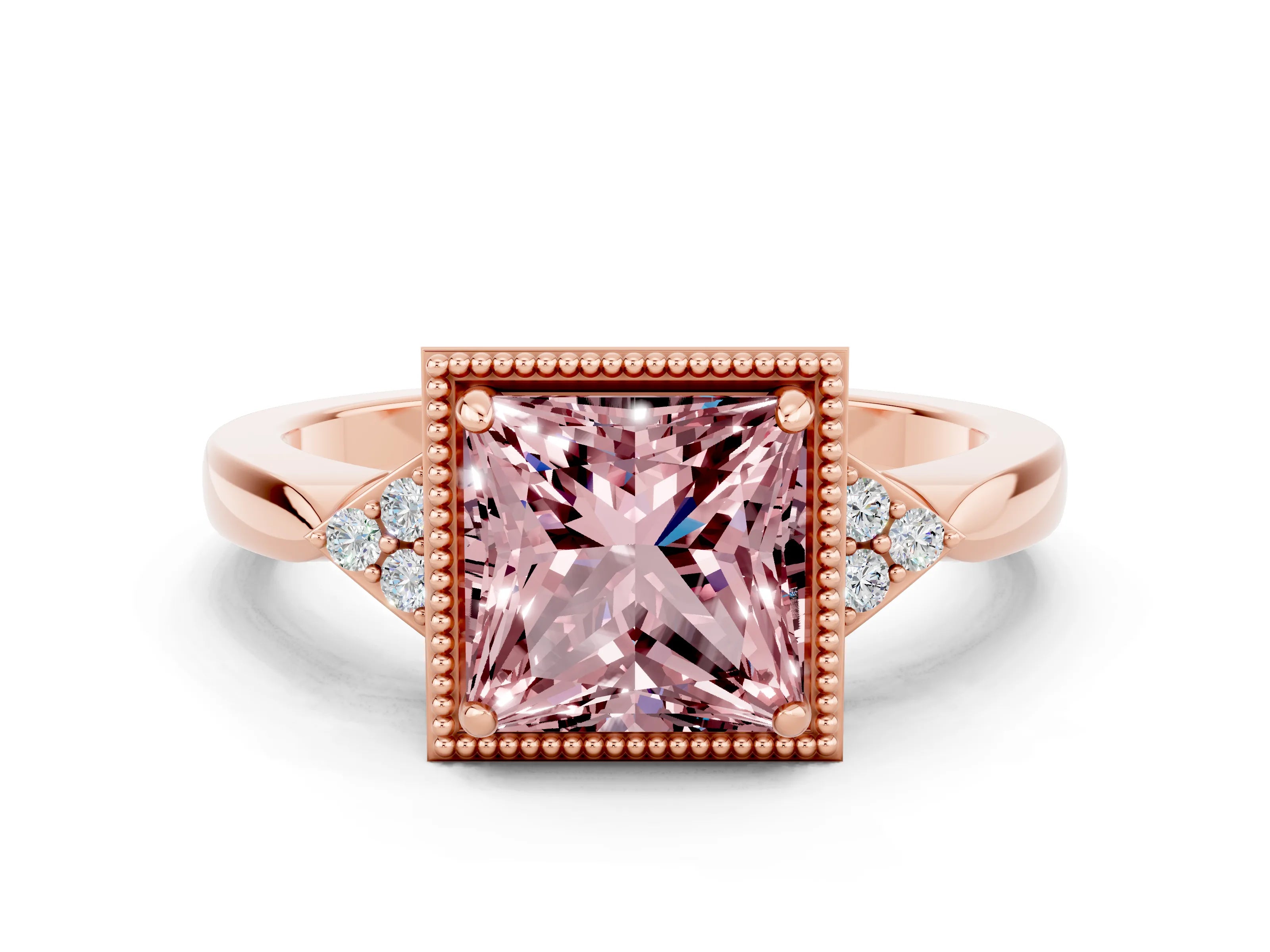 Rose gold Princess Cut Morganite Halo Ring with Tapered Band and Four-Prong Setting