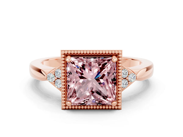 Rose gold Princess Cut Morganite Halo Ring with Tapered Band and Four-Prong Setting