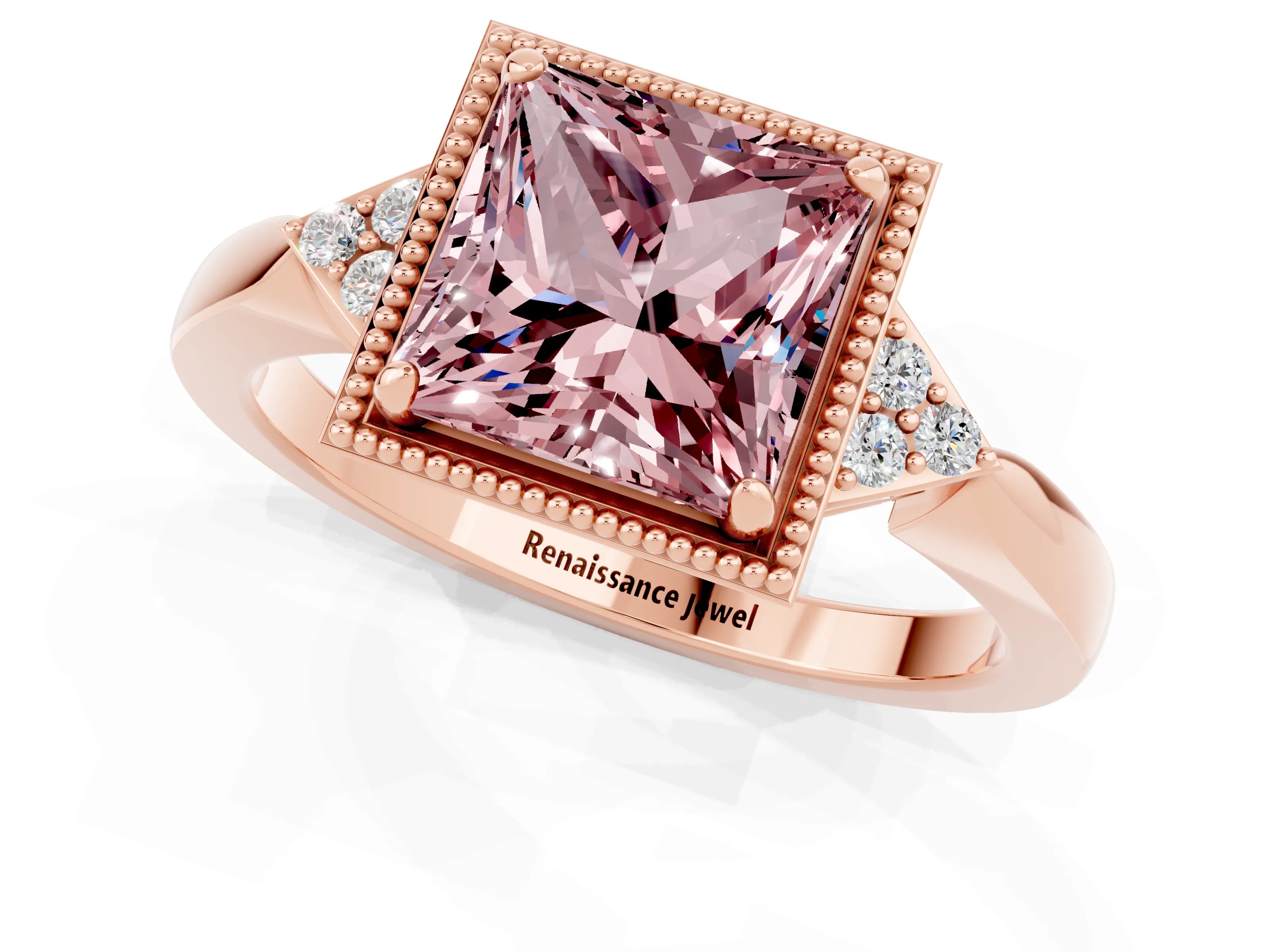 Rose gold Princess Cut Morganite Halo Ring with Tapered Band and Four-Prong Setting_1