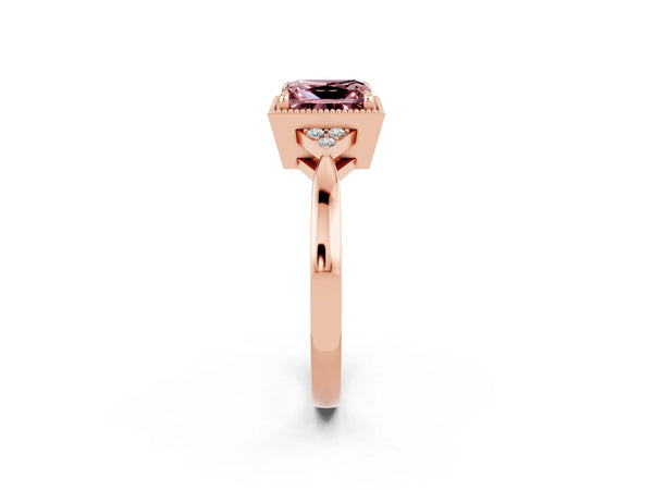 Rose gold Princess Cut Morganite Halo Ring with Tapered Band and Four-Prong Setting