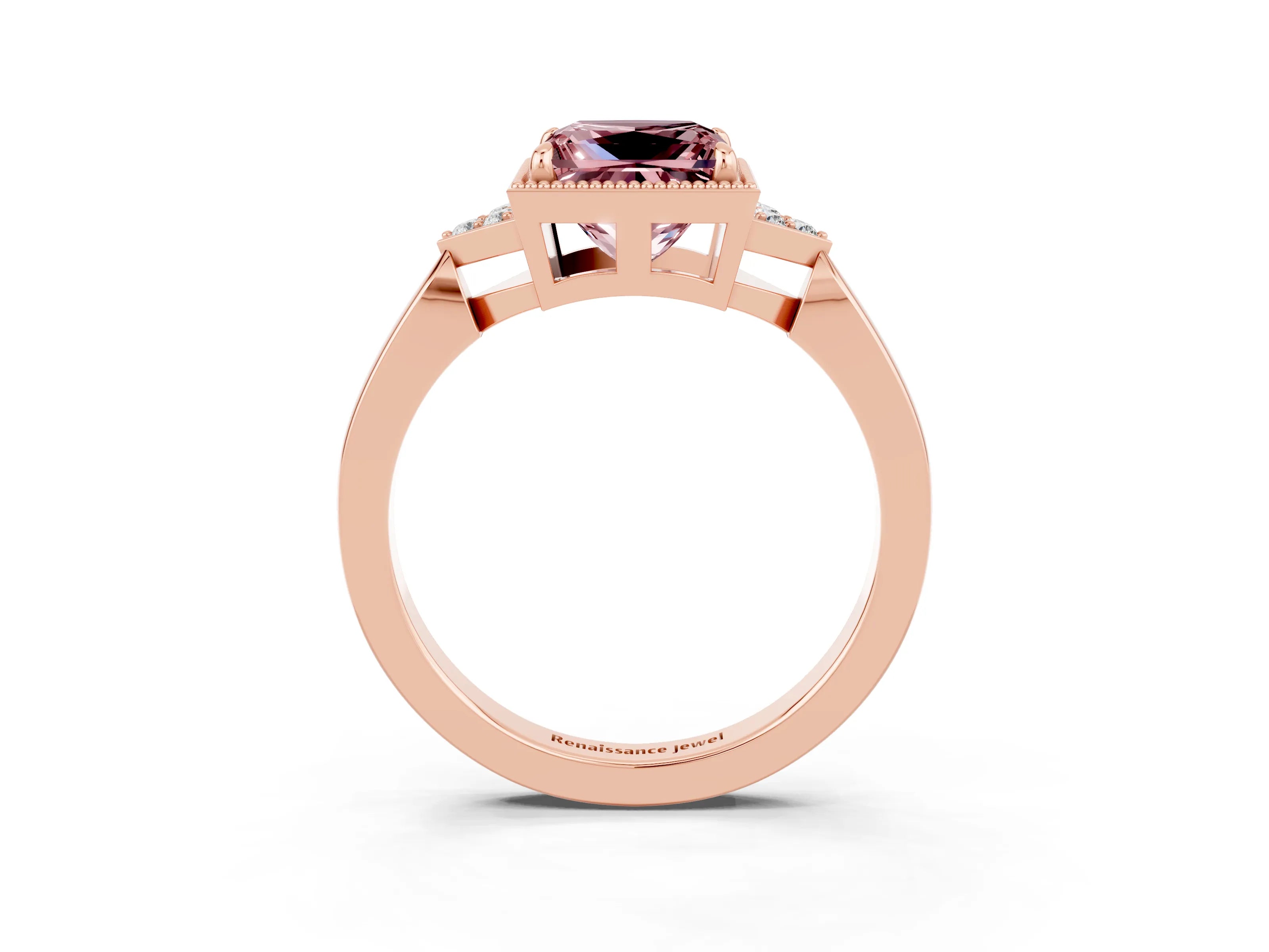 Rose gold Princess Cut Morganite Halo Ring with Tapered Band and Four-Prong Setting_3