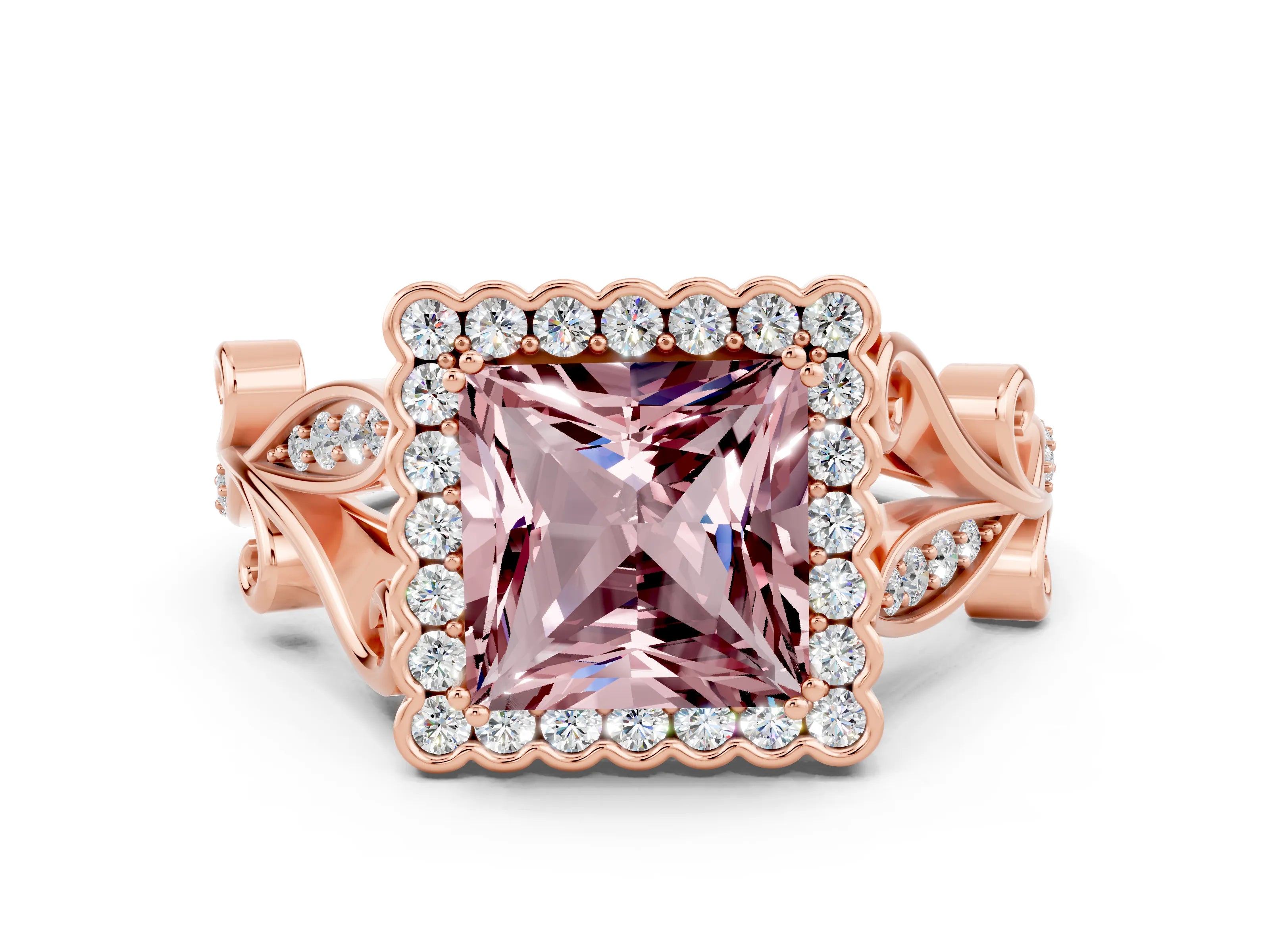 Rose gold Princess Cut Morganite Halo Ring with Vintage Split Shank and Four-Prong Setting