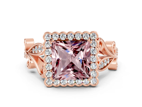 Rose gold Princess Cut Morganite Halo Ring with Vintage Split Shank and Four-Prong Setting